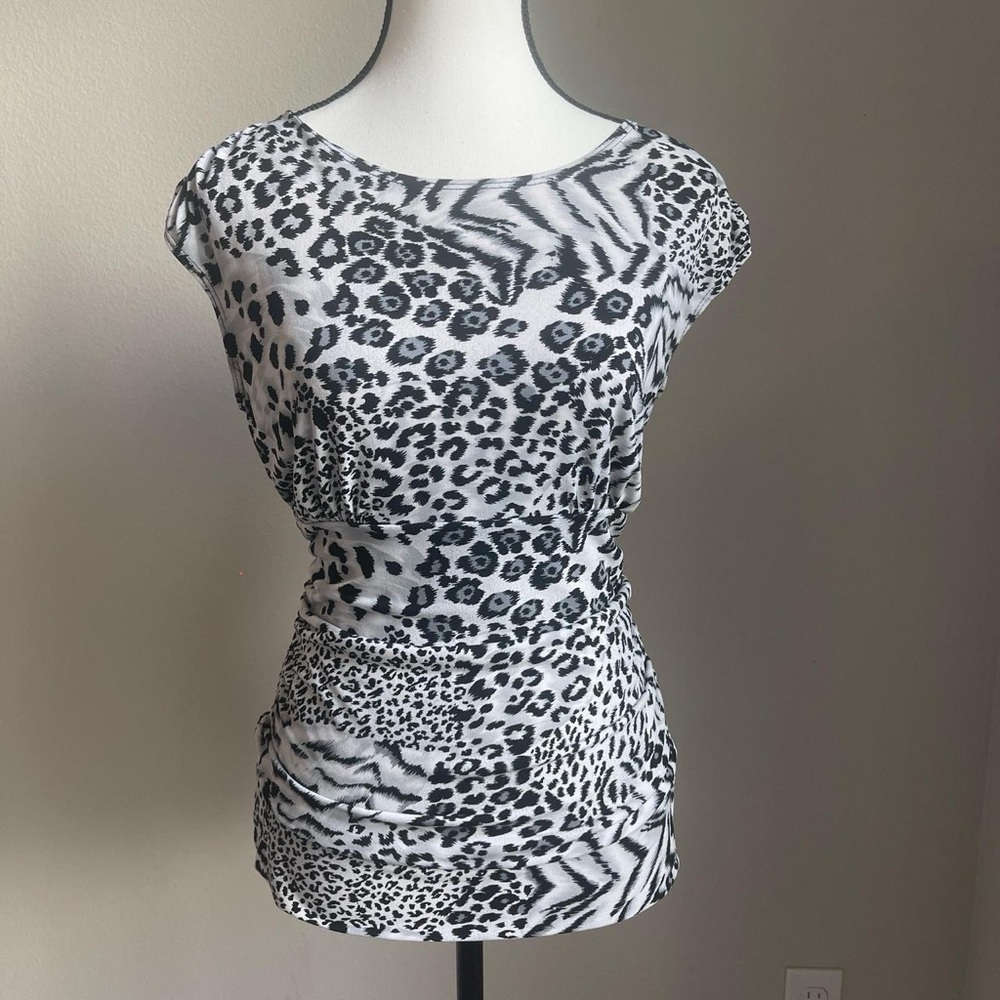 Y2K Black and white animal print sleeveless top with ruched side